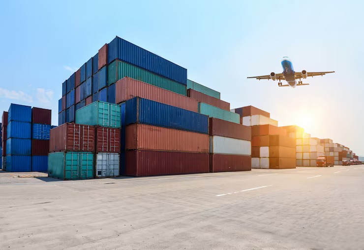 airplane flying on industrial port container yard