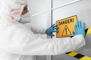 man sticking danger sign on door